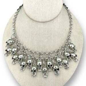 Skull Dangle Charm Chain Bib Necklace Halloween Jewelry Silver tone